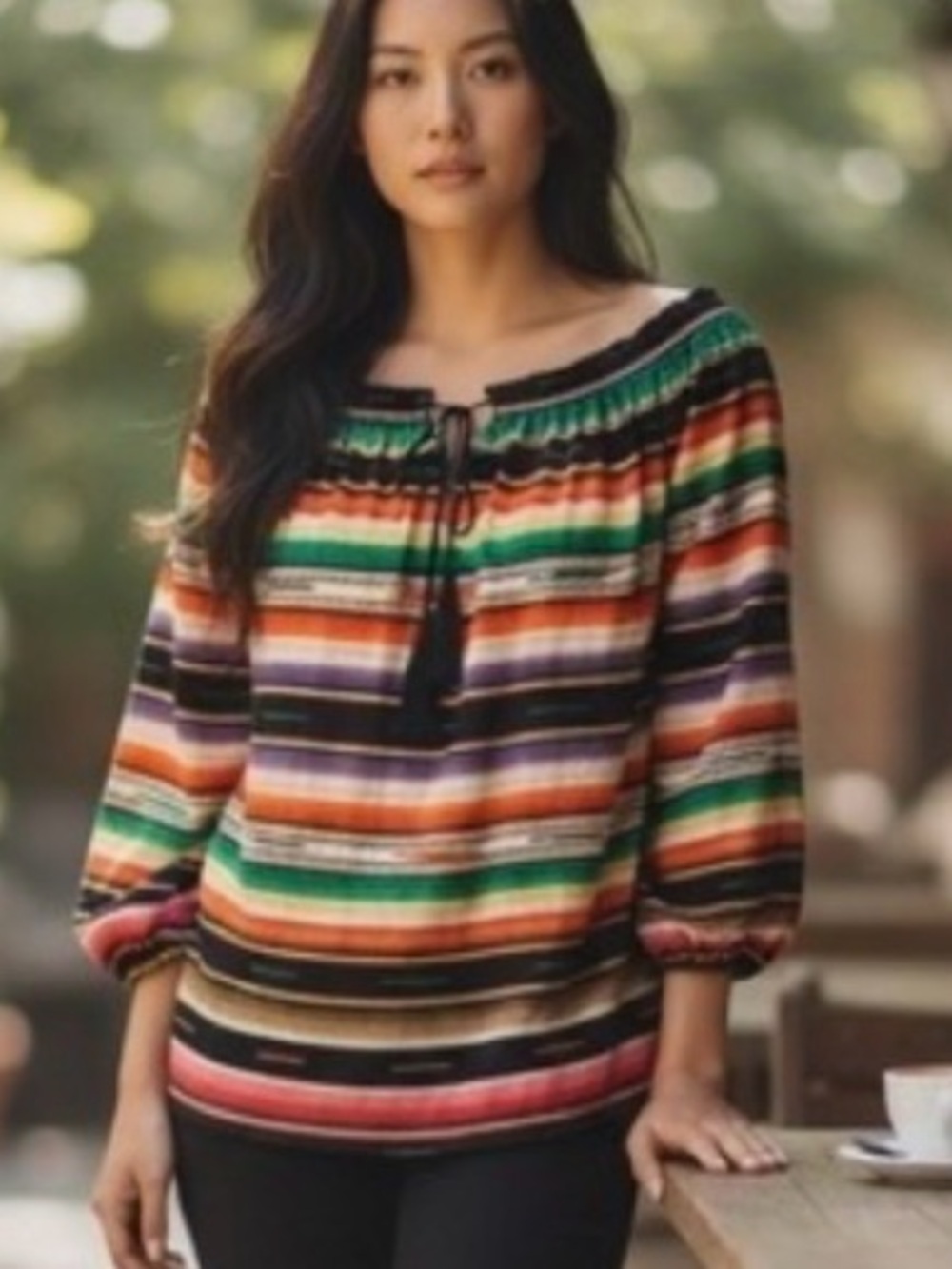 Lauren Ralph Lauren Multicolor Serape Stripe Woven Tassel Tie Peasant Top Size